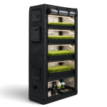 Multi-tier grow tent with LED lights and plant shelves in black.