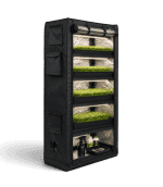 Multi-tier grow tent with LED lights and plant shelves in black.