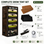 Grow tent starter kit with trays, LED lights, timer, and accessories for microgreens.