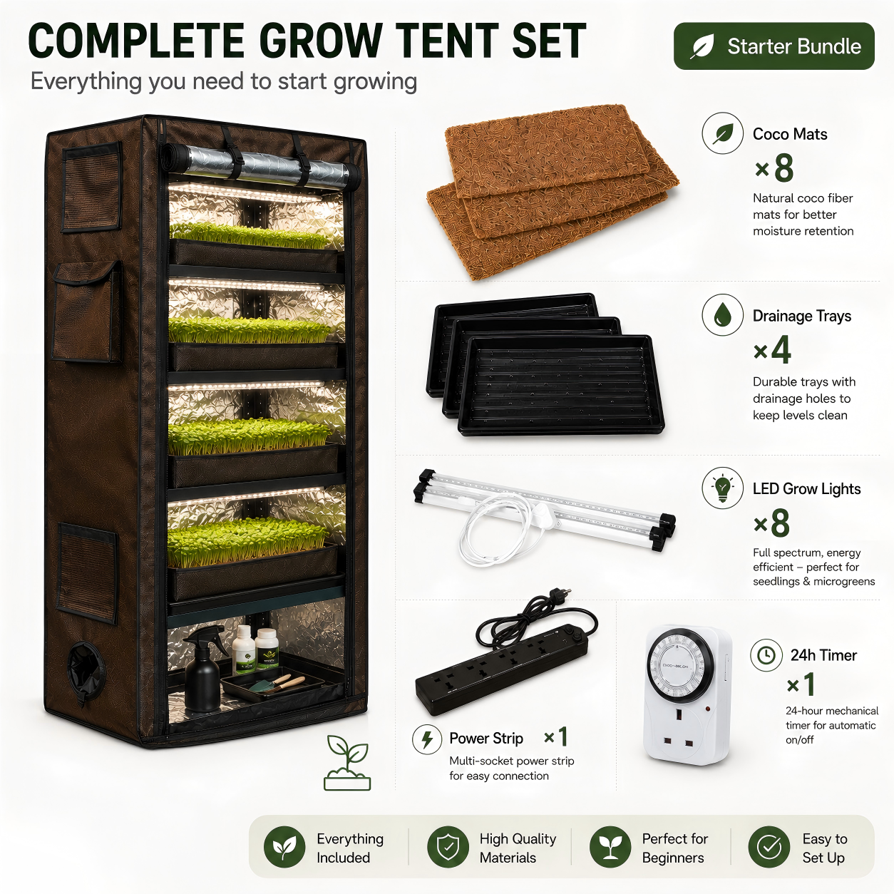 Complete Grow Tent Starter Set for Microgreens Grow tent starter kit with trays, LED lights, timer, and accessories for microgreens.