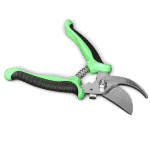 Bypass pruning shears with green handles for garden trimming.