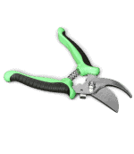 Bypass pruning shears with green handles for garden trimming.