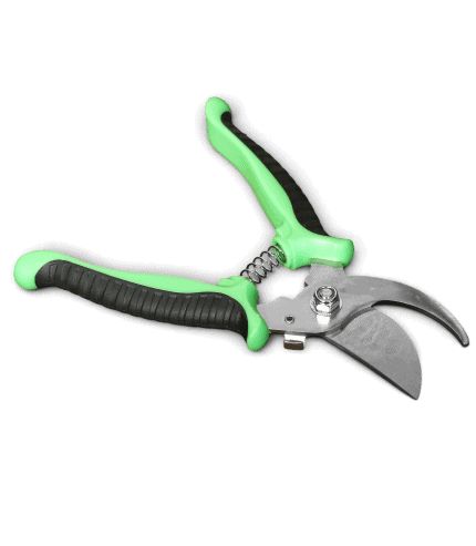 Bypass pruning shears with green handles for garden trimming.
