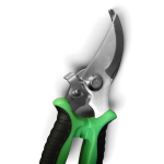 Bypass pruning shears with green handle for garden trimming.
