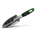 Stainless steel garden hand trowel with ergonomic handle for gardening.