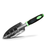Stainless steel garden hand trowel with ergonomic handle for gardening.