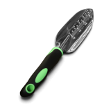 Stainless steel garden hand trowel with ergonomic handle for gardening.
