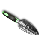 Stainless steel garden trowel with black and green handle for gardening.