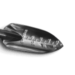 Close-up of stainless steel garden trowel with measurement markings.