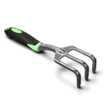 Stainless steel hand cultivator with ergonomic handle for gardening tasks.