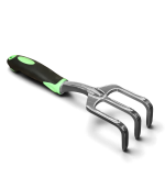 Stainless steel hand cultivator with ergonomic handle for gardening tasks.