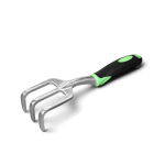 Stainless steel hand cultivator with black and green handle for gardening.