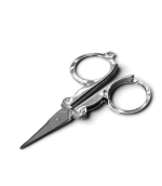 Stainless steel folding pruning scissors for gardening and plant trimming.
