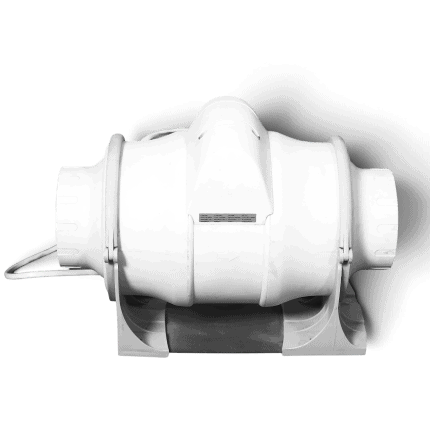 White inline duct ventilation fan for grow tents and gardening ventilation systems.
