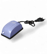 Compact air pump for hydroponic systems with power cord and plug.