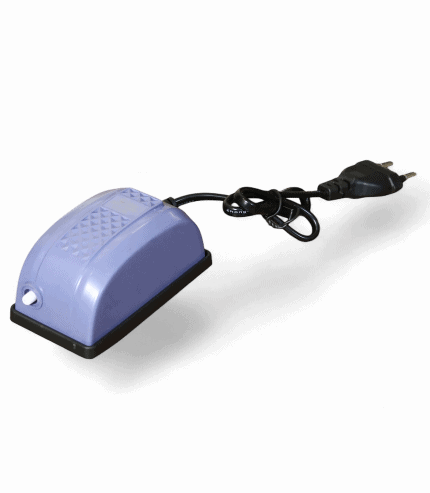Compact air pump for hydroponic systems with power cord and plug.
