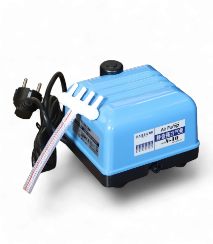 Quiet blue Hailea V-10 air pump for aquariums and hydroponics.
