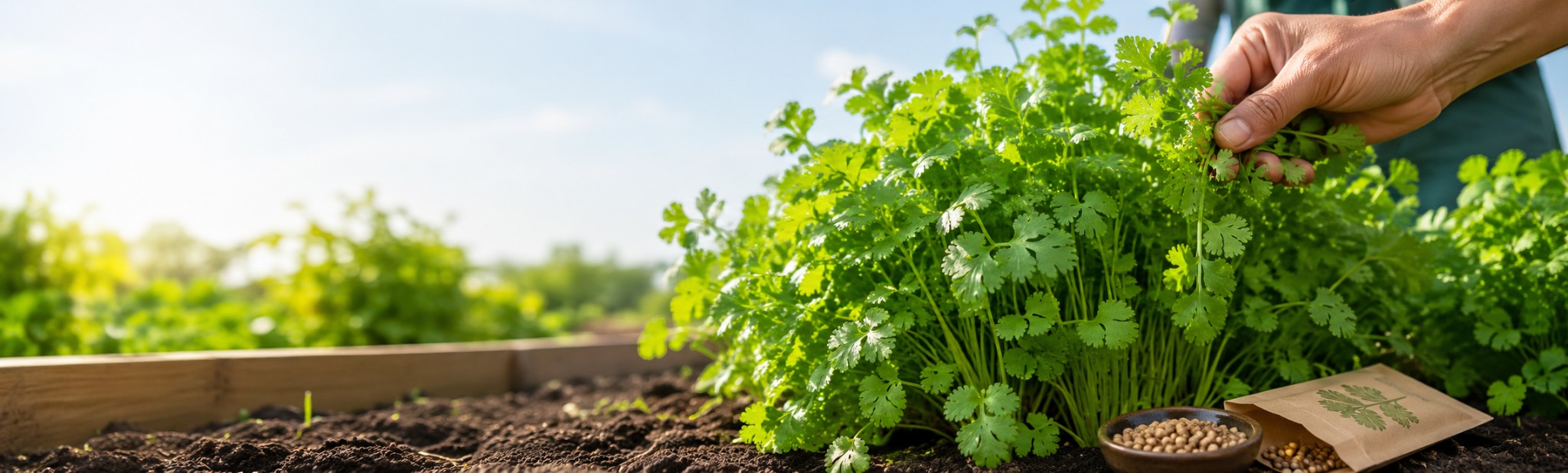 Person harvesting fresh coriander from a home garden bed.