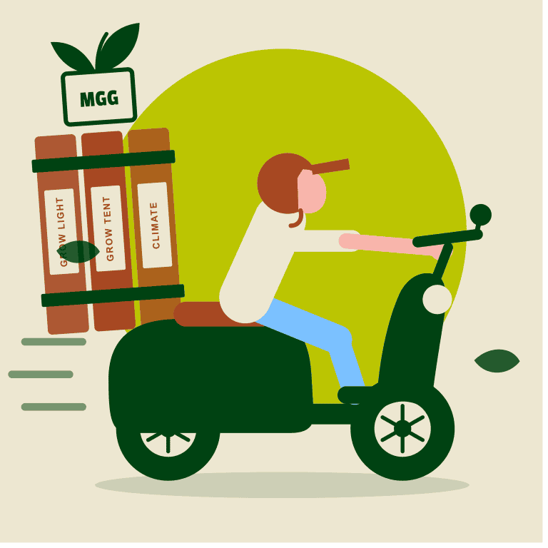 Person riding a scooter with a grow garden store package.